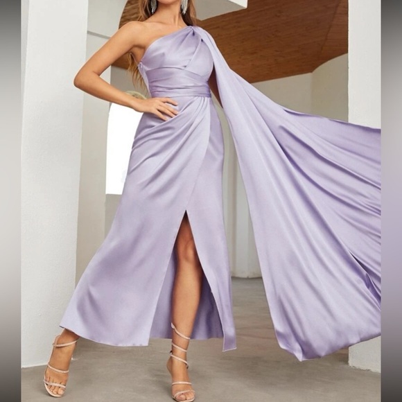 Luxe one shoulder party formal evening wedding prom satin dress - Picture 7 of 16